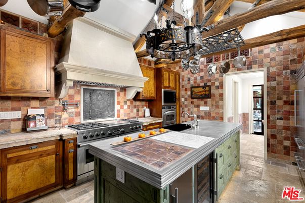 Interior, Kitchen, Pendant Lights, Stainless Steel Appliances, Stone Walls, Tile Countertops, Wooden Beams