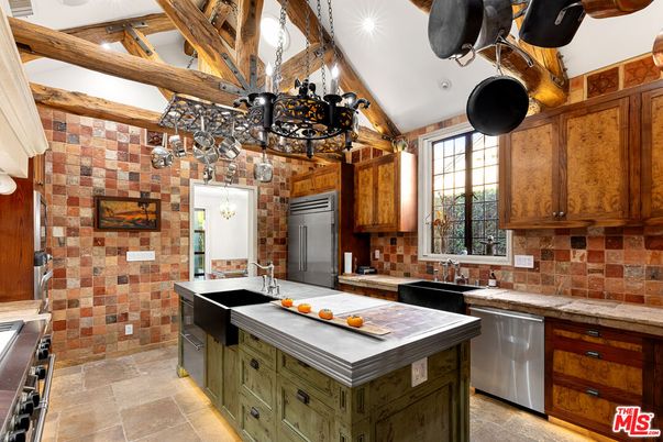 Interior, Kitchen, Pendant Lights, Stainless Steel Appliances, Stone Walls, Wooden Beams