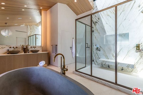 Bathroom, Glass Shower, Interior, Marble Walls, Recessed Lighting, Wooden Ceilings