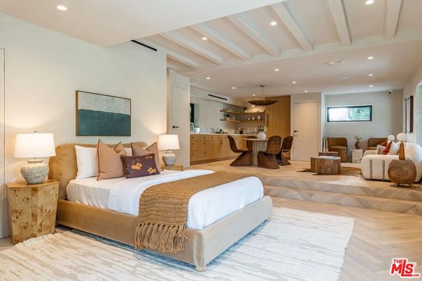 Bedroom, Dining room, Interior, Pendant Lights, Recessed Lighting, Wood Texture Flooring
