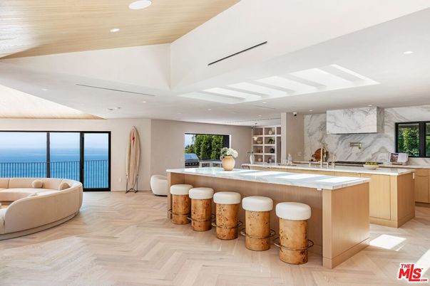 Interior, Kitchen, Living room, Marble Walls, Recessed Lighting, Water, Wood Texture Flooring