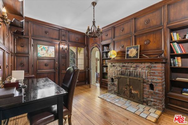 Fireplace, Home Office, Interior, Pendant Lights, Wood Texture Flooring, Wooden Walls