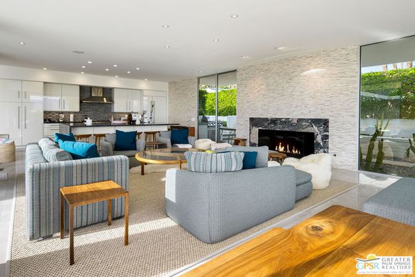 Fireplace, Interior, Kitchen, Living room, Recessed Lighting, Stainless Steel Appliances, Stone Walls