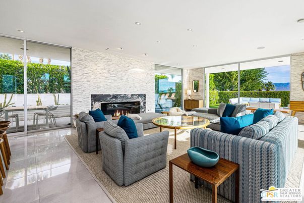 Fireplace, Interior, Living room, Recessed Lighting, Stone Walls