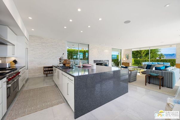 Dining room, Fireplace, Interior, Kitchen, Living room, Recessed Lighting, Stainless Steel Appliances, Water
