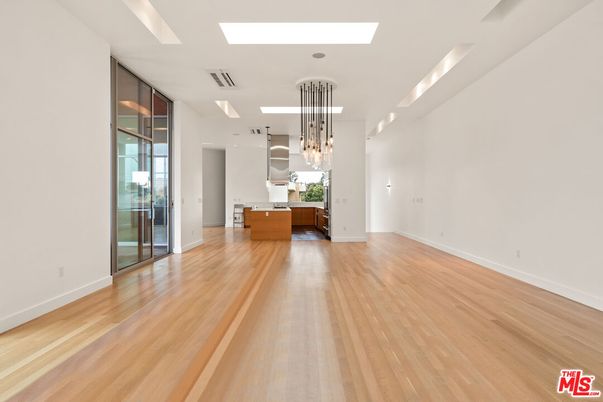 Empty room, Interior, Kitchen, Pendant Lights, Recessed Lighting, Wood Texture Flooring