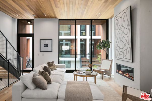 Fireplace, Interior, Living room, Recessed Lighting, Wooden Ceilings, Wood Texture Flooring