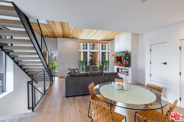 Dining room, Fireplace, Interior, Living room, Recessed Lighting, Wooden Ceilings, Wood Texture Flooring