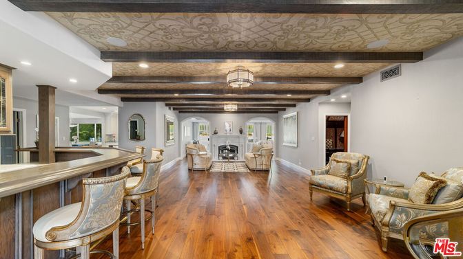 Fireplace, Interior, Living room, Recessed Lighting, Wooden Beams, Wood Texture Flooring