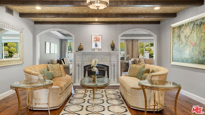 Fireplace, Interior, Living room, Recessed Lighting, Wooden Beams, Wood Texture Flooring