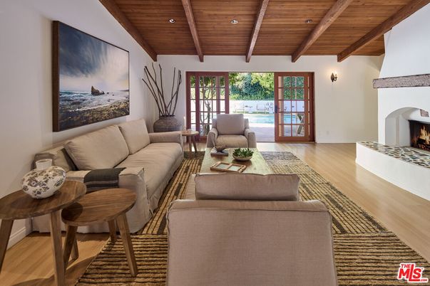 Fireplace, Interior, Living room, Recessed Lighting, Wooden Beams, Wooden Ceilings, Wood Texture Flooring