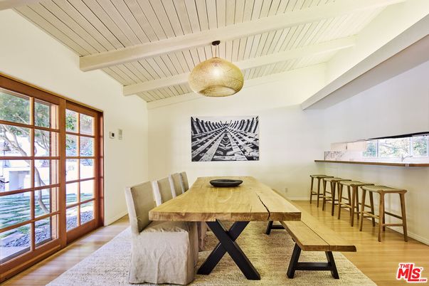 Dining room, Interior, Pendant Lights, Wood Texture Flooring