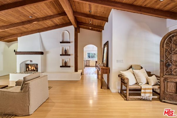 Fireplace, Interior, Living room, Recessed Lighting, Wooden Beams, Wooden Ceilings, Wood Texture Flooring