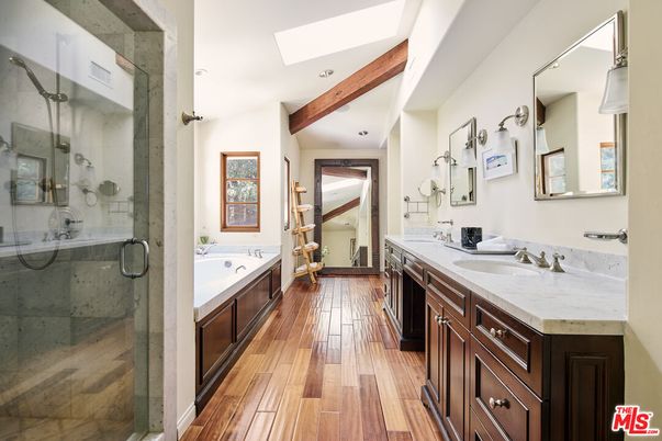 Bathroom, Dual Sink Vanities, Glass Shower, Interior, Recessed Lighting, Wooden Beams, Wood Texture Flooring