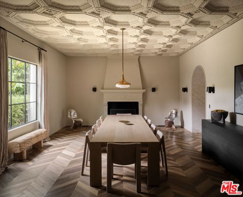 Dining room, Fireplace, Interior, Pendant Lights, Wood Texture Flooring