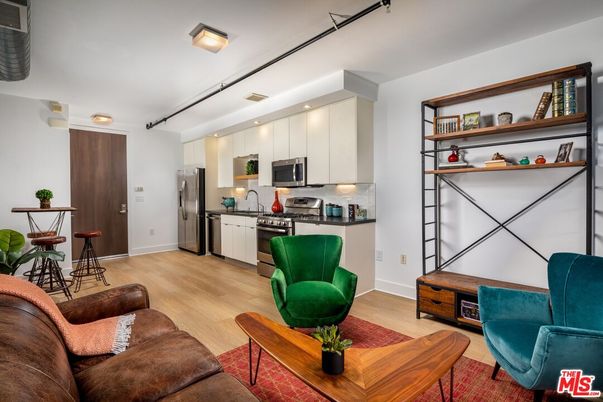 Interior, Kitchen, Living room, Recessed Lighting, Stainless Steel Appliances, Wood Texture Flooring