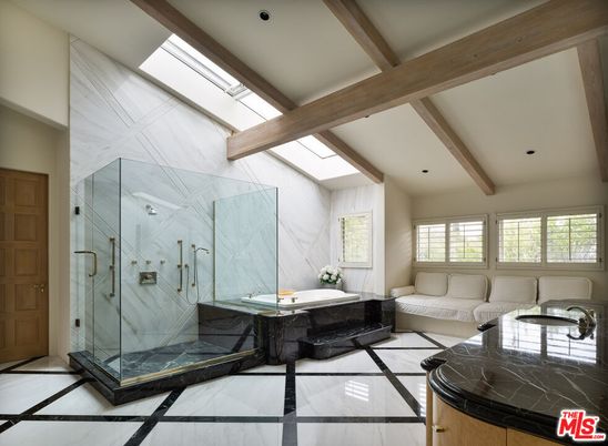 Bathroom, Glass Shower, Interior, Recessed Lighting, Wooden Beams