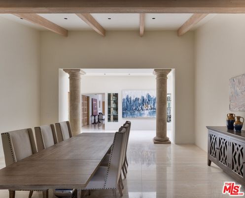 Dining room, Fireplace, Interior, Recessed Lighting, Wooden Beams