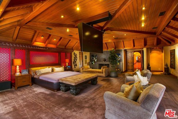 Bedroom, Fireplace, Interior, Recessed Lighting, Wooden Beams, Wooden Ceilings, Wood Texture Flooring