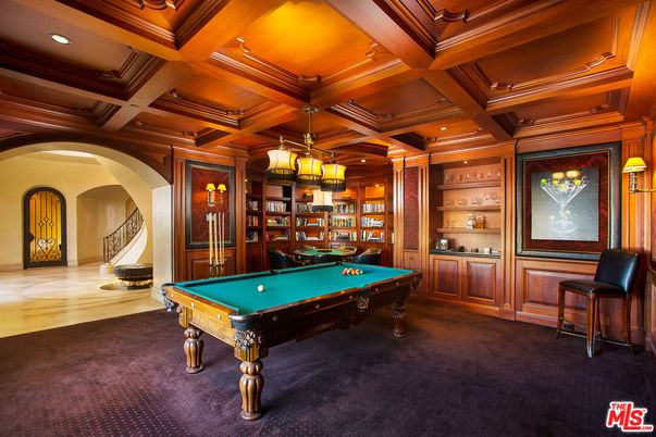 Billiard Table, Chandelier, Game Room, Interior, Recessed Lighting, Wooden Beams, Wooden Ceilings, Wooden Walls