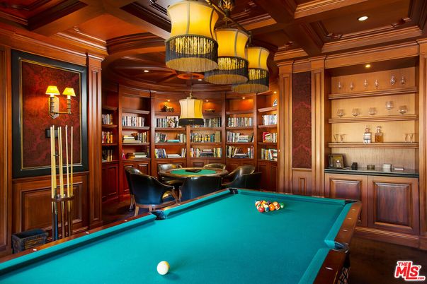 Billiard Table, Game Room, Interior, Pendant Lights, Recessed Lighting, Wooden Beams, Wooden Ceilings, Wood Texture Flooring