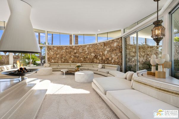 Fireplace, Interior, Living room, Pendant Lights, Recessed Lighting, Stone Walls