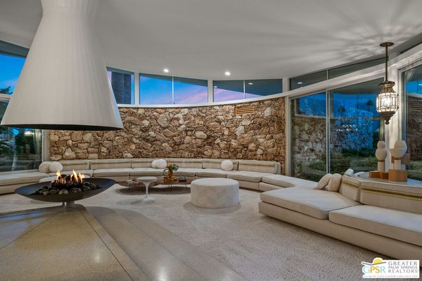 Fireplace, Interior, Living room, Pendant Lights, Recessed Lighting, Stone Walls