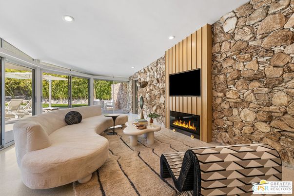 Fireplace, Interior, Living room, Recessed Lighting, Stone Walls