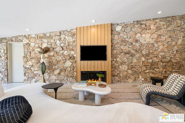 Fireplace, Interior, Recessed Lighting, Stone Walls