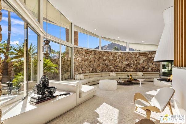Fireplace, Interior, Living room, Recessed Lighting, Stone Walls