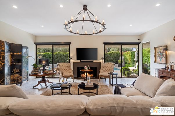 Chandelier, Fireplace, Interior, Living room, Recessed Lighting, Wood Texture Flooring