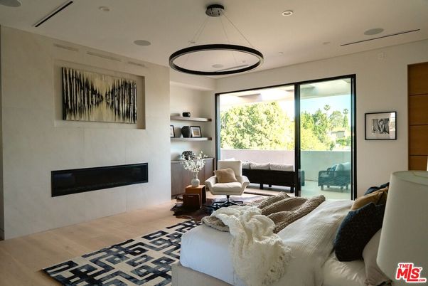 Bedroom, Fireplace, Interior, Living room, Pendant Lights, Recessed Lighting, Wood Texture Flooring