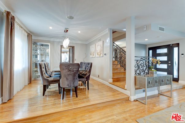 Dining room, Interior, Pendant Lights, Recessed Lighting, Wood Texture Flooring