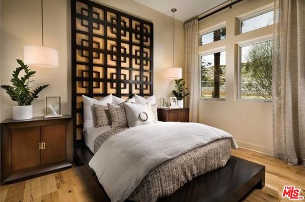 Bedroom, Interior, Pendant Lights, Wood Texture Flooring