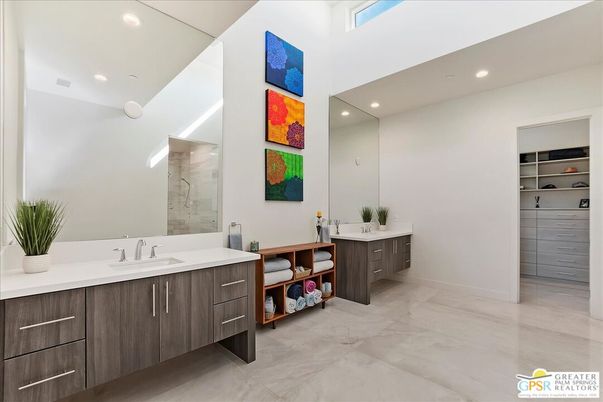 Bathroom, Dual Sink Vanities, Interior, Marble, Recessed Lighting