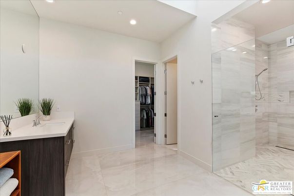 Bathroom, Glass Shower, Interior, Marble, Marble Walls, Recessed Lighting, Washer
