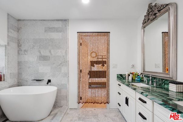 Bathroom, Dual Sink Vanities, Free Standing Baths, Interior, Marble, Recessed Lighting