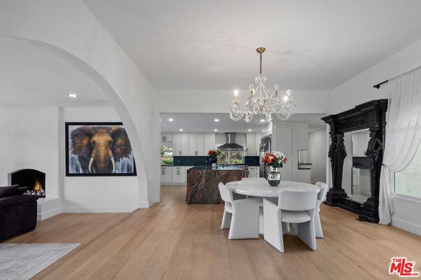 Chandelier, Dining room, Interior, Kitchen, Recessed Lighting, Stainless Steel Appliances, Wood Texture Flooring