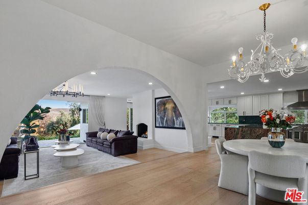 Chandelier, Dining room, Interior, Kitchen, Living room, Recessed Lighting, Stainless Steel Appliances, Wood Texture Flooring
