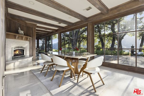 Dining room, Fireplace, Interior, Recessed Lighting, Sun Room, Wooden Beams