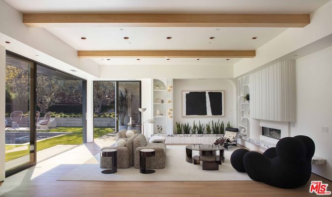 Fireplace, Interior, Living room, Recessed Lighting, Wooden Beams, Wood Texture Flooring