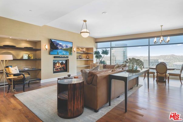 Dining room, Fireplace, Interior, Living room, Pendant Lights, Recessed Lighting, Wood Texture Flooring