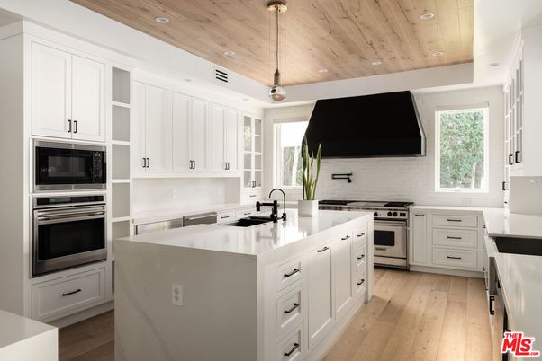Interior, Kitchen, Pendant Lights, Recessed Lighting, Stainless Steel Appliances, Wooden Ceilings, Wood Texture Flooring