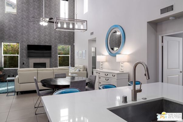 Fireplace, Interior, Kitchen, Living room, Pendant Lights