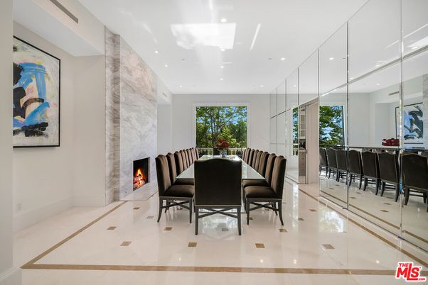 Dining room, Fireplace, Interior, Marble Walls, Recessed Lighting