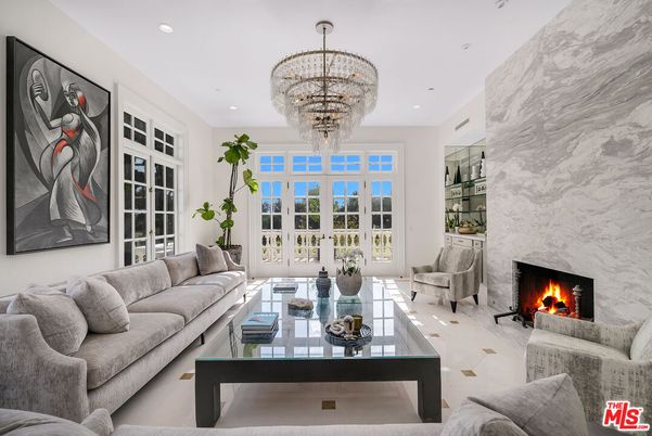 Chandelier, Fireplace, Interior, Living room, Marble Walls, Recessed Lighting