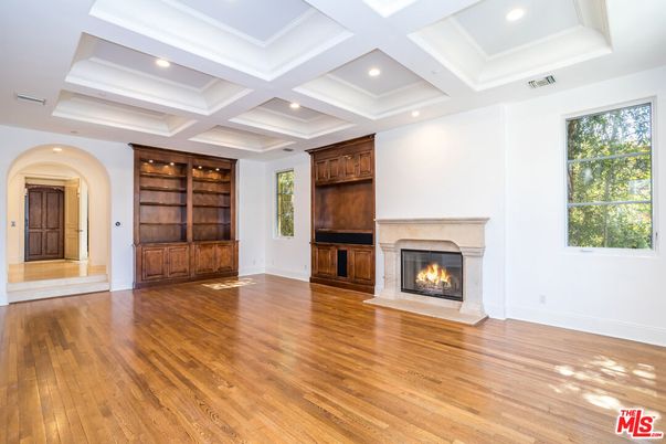 Empty room, Fireplace, Interior, Recessed Lighting, Wood Texture Flooring