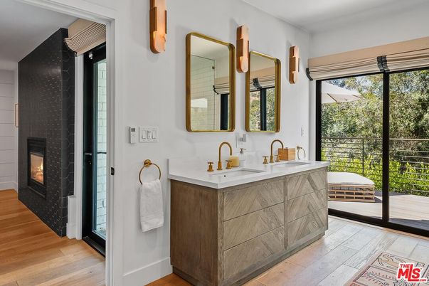 Bathroom, Dual Sink Vanities, Fireplace, Interior, Wood Texture Flooring