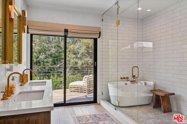 Bathroom, Dual Sink Vanities, Free Standing Baths, Interior, Recessed Lighting, Wood Texture Flooring