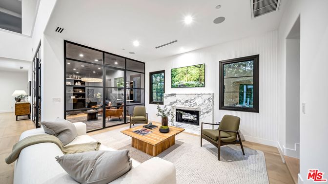 Fireplace, Interior, Living room, Recessed Lighting, Wood Texture Flooring